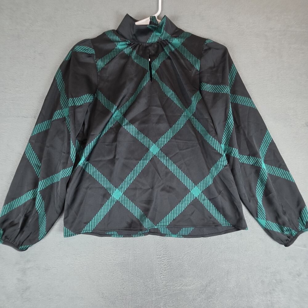 Ann Taylor Plaid Satin Blouse Mock Neck Long Sleeve Black Green XXS
